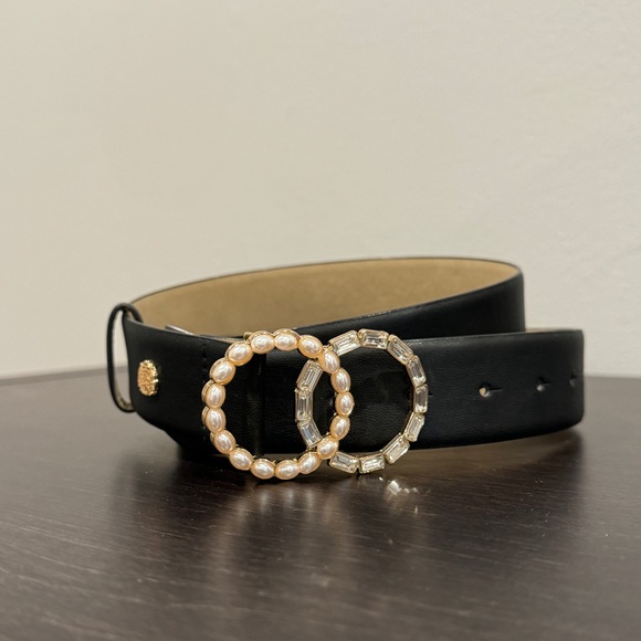 Vince Camuto Accessories - Vince Camuto black belt with Double Circle Crystals and  Pearls Buckle Medium